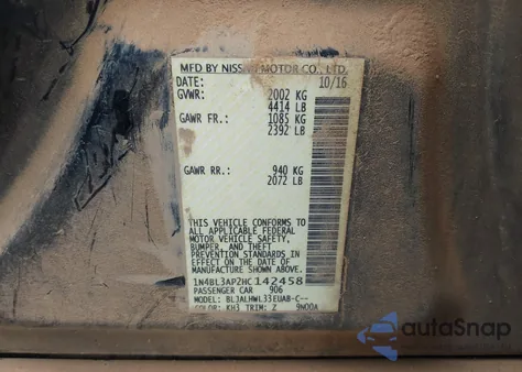 2017 Nissan Altima 3.5 Sl/3.5 Sr z USA, uszkodzony, nr VIN 1N4BL3AP2HC142458